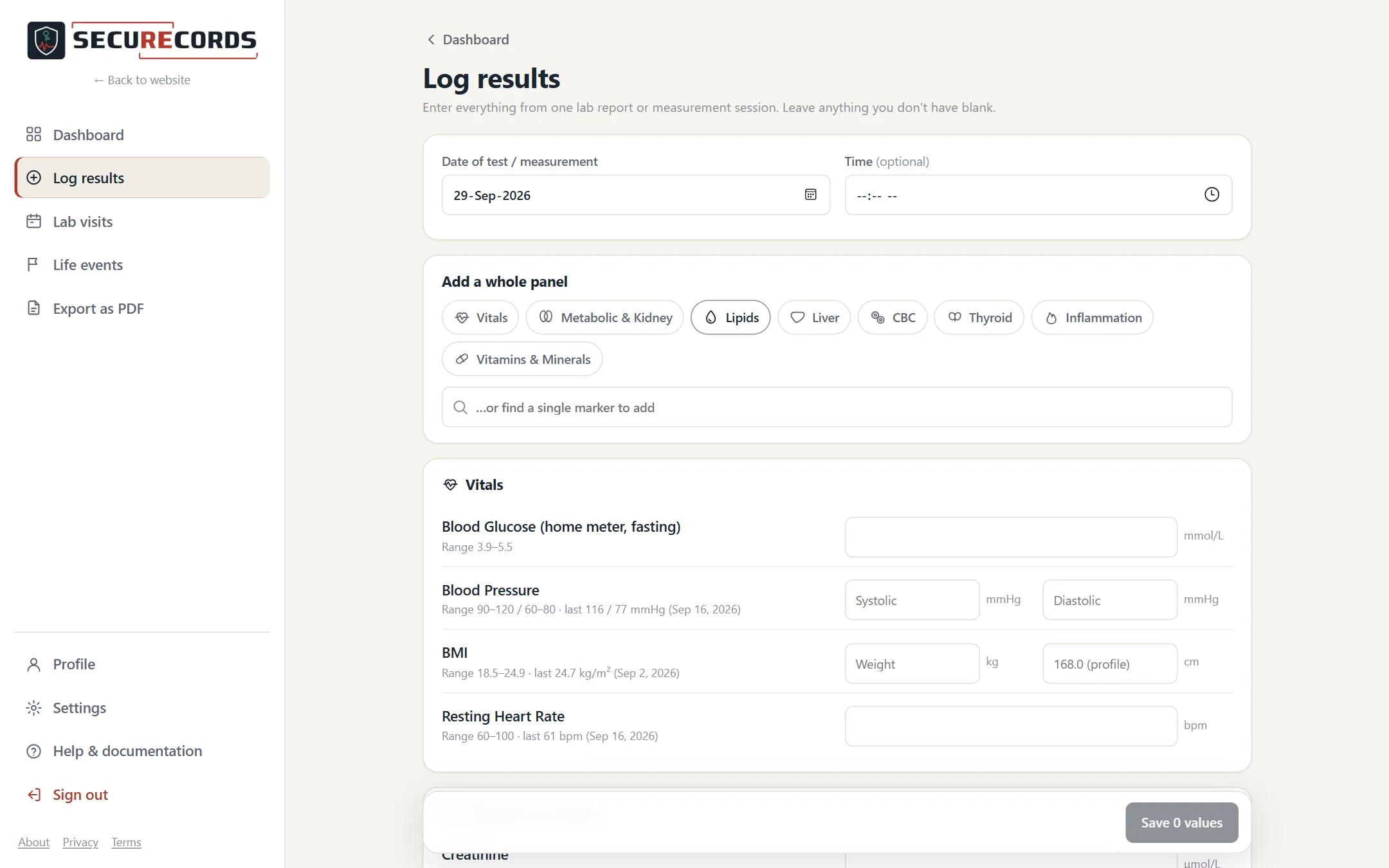 Log results page for entering a full lab report