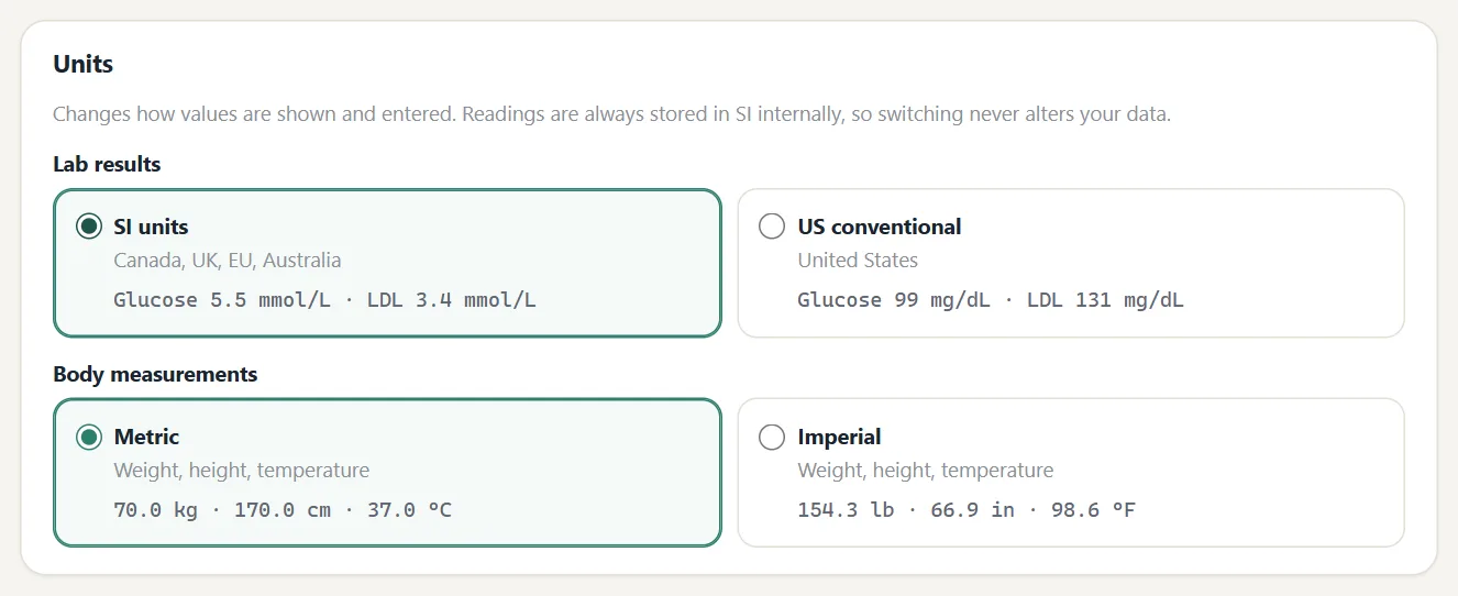 Unit settings showing SI and US conventional options